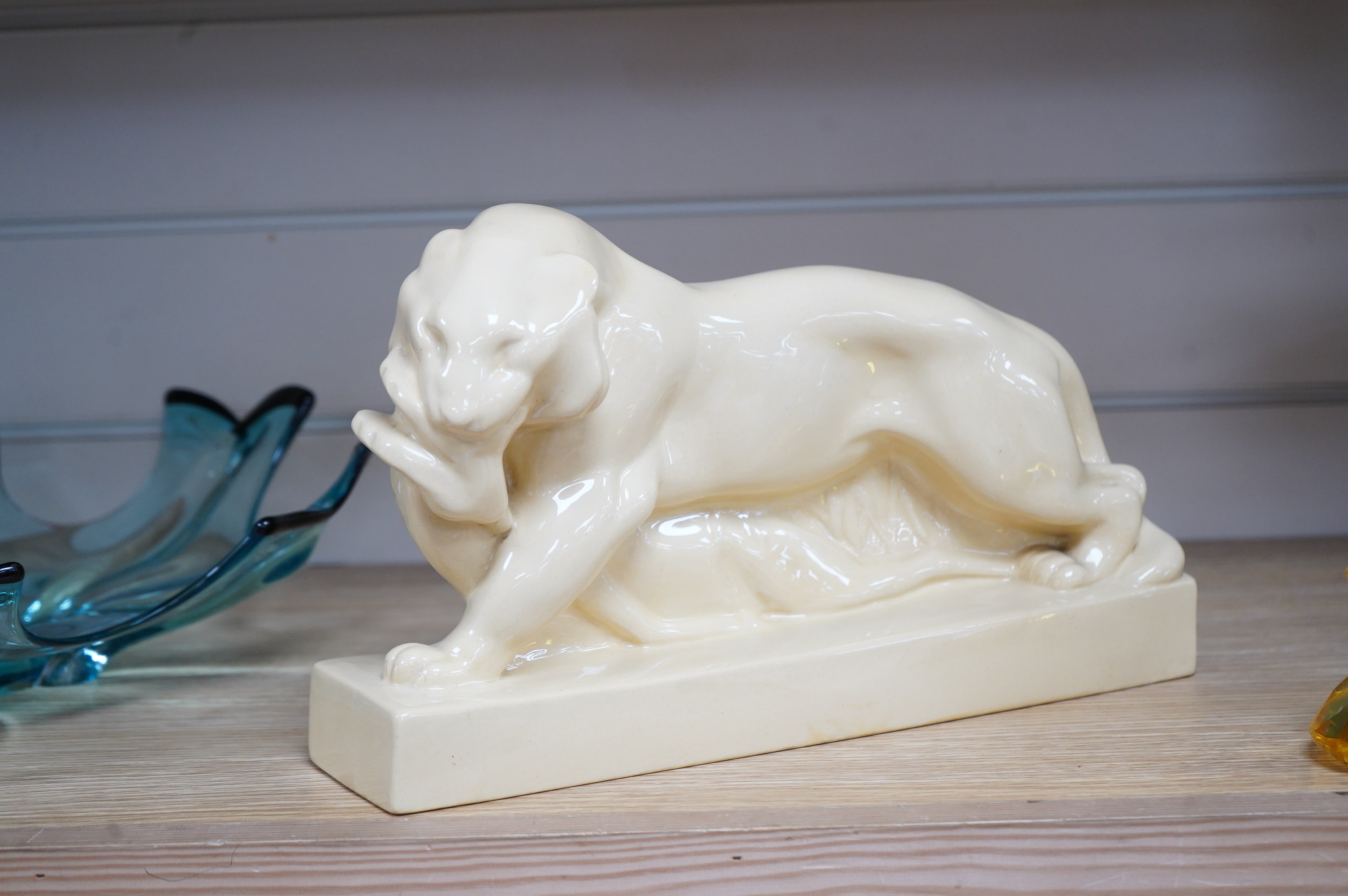 John Skeaping for Wedgwood, Art Deco sculpture of a Tiger with buck, straw glazed, 33cm wide